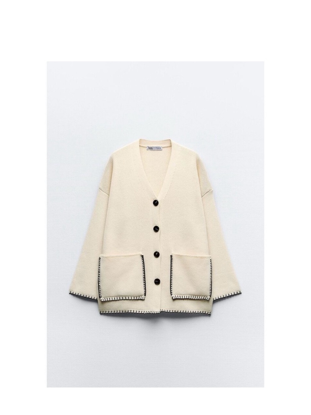 Zara Cream V-Neck Button Cardigan with Contrast Trim